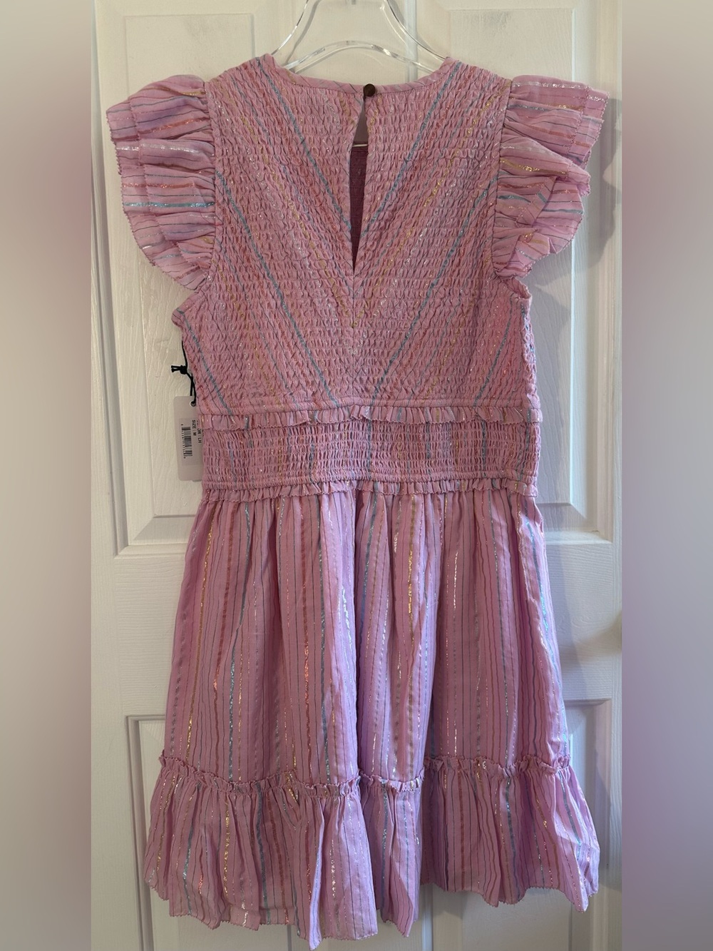 SAYLOR Med Feminine Romantic Zinnia Lavender Metallic Cotton Smocked Mini Dress - Picture 5 of 16